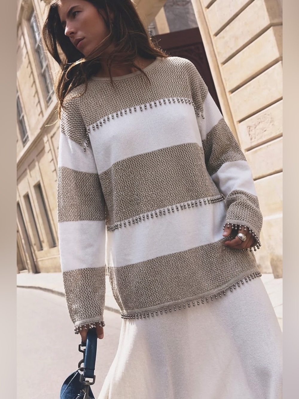 Vintage White/Gold Striped Embellished Fringe Sweater Tunic Size Large Boho Chic